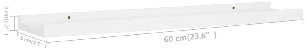 Unidade de prateleiras com rebordo 2 pcs 60x9x3 cm MDF branco
