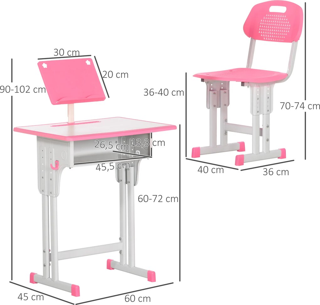 Conjunto de Secretária e Cadeira para Crianças com Altura Ajustável 1 Gaveta e 1 Prateleira para Livros 60x45x90-120 cm Rosa