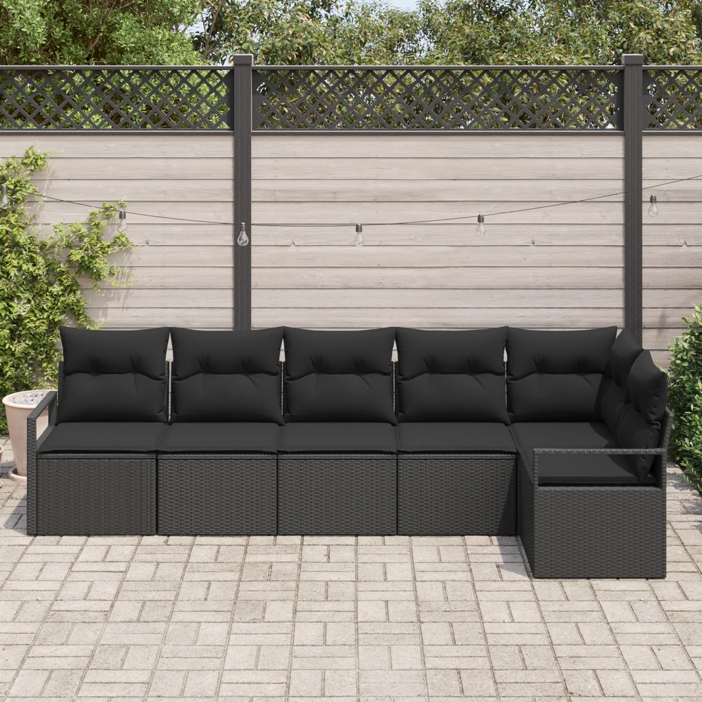 Conjunto de Sofá de Jardim vidaXL 6 Peças com Almofadas Preto Rattan P