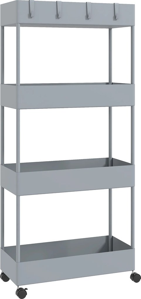 Carrinho Auxiliar com Rodas Carrinho de Armazenamento com 4 Cestas e 4 Ganchos Amovíveis 40x19x90 cm Cinza