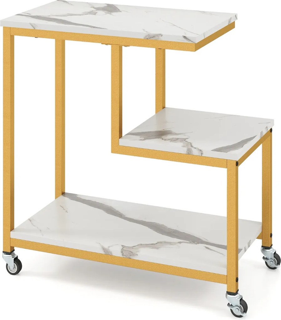 Mesa lateral sala, quarto de 3 níveis com prateleiras abertas e rodas bloqueáveis para sala de estar 59 x 30 x 61 cm Branco e Dourada