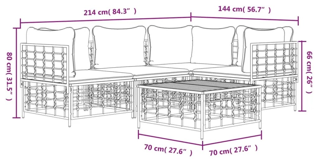 5 pcs conjunto lounge de jardim c/ almofadões vime PE antracite