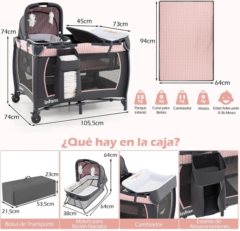 Berço com Centro de atividades 5 em 1 para bebés, parque e mesa para trocar fraldas. Inclui brinquedos suspensos, caixa de música, rodas e cesto. Pret