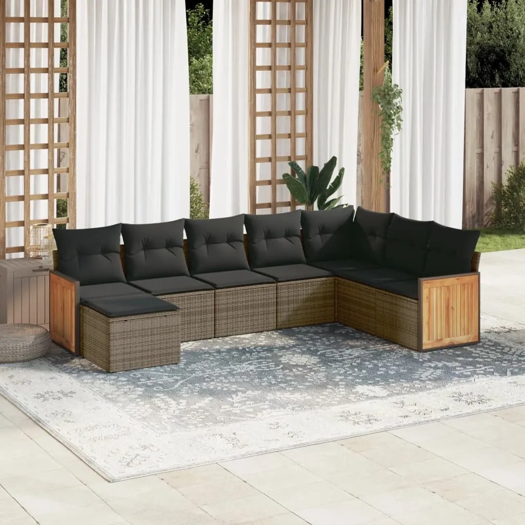 8 pcs conjunto sofás de jardim c/ almofadões vime PE cinzento