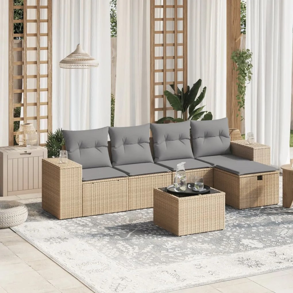 vidaXL 6 pcs conj. sofás jardim c/ almofadões vime PE bege misturado