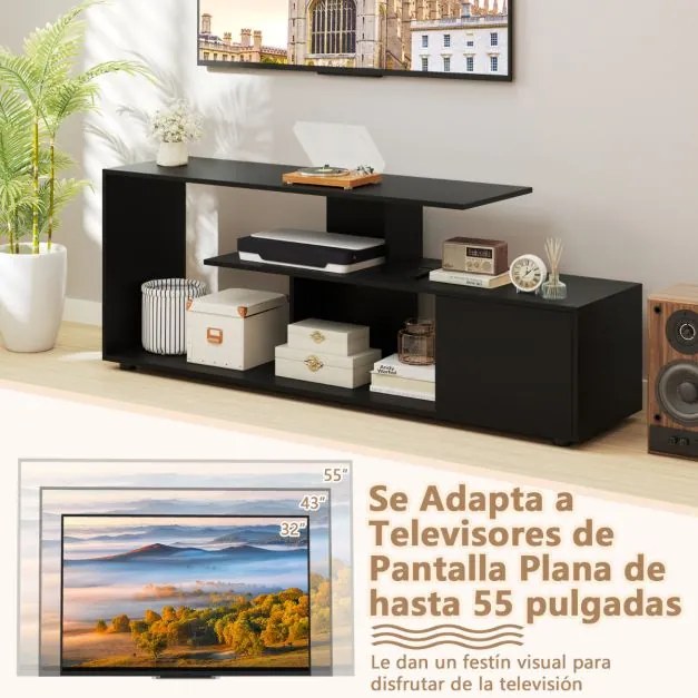 Móvel de TV até 55'' assimétrico com 3 prateleiras para sala de estar Preto