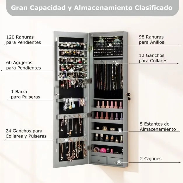 Armário de joias em madeira com espelho de parede e LED interno Organizador de porta ou parede com chave 35,5 x 10 x 120 cm Cinza claro