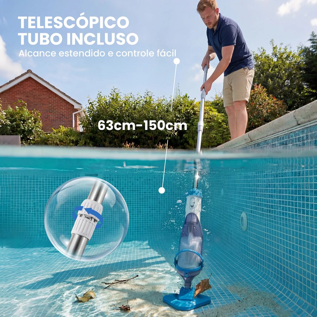 Limpa-Fundos de Piscina Manual Sem Fios com Escova e Barra Ajustável de 63-150 cm para Piscinas Pequenas Azul