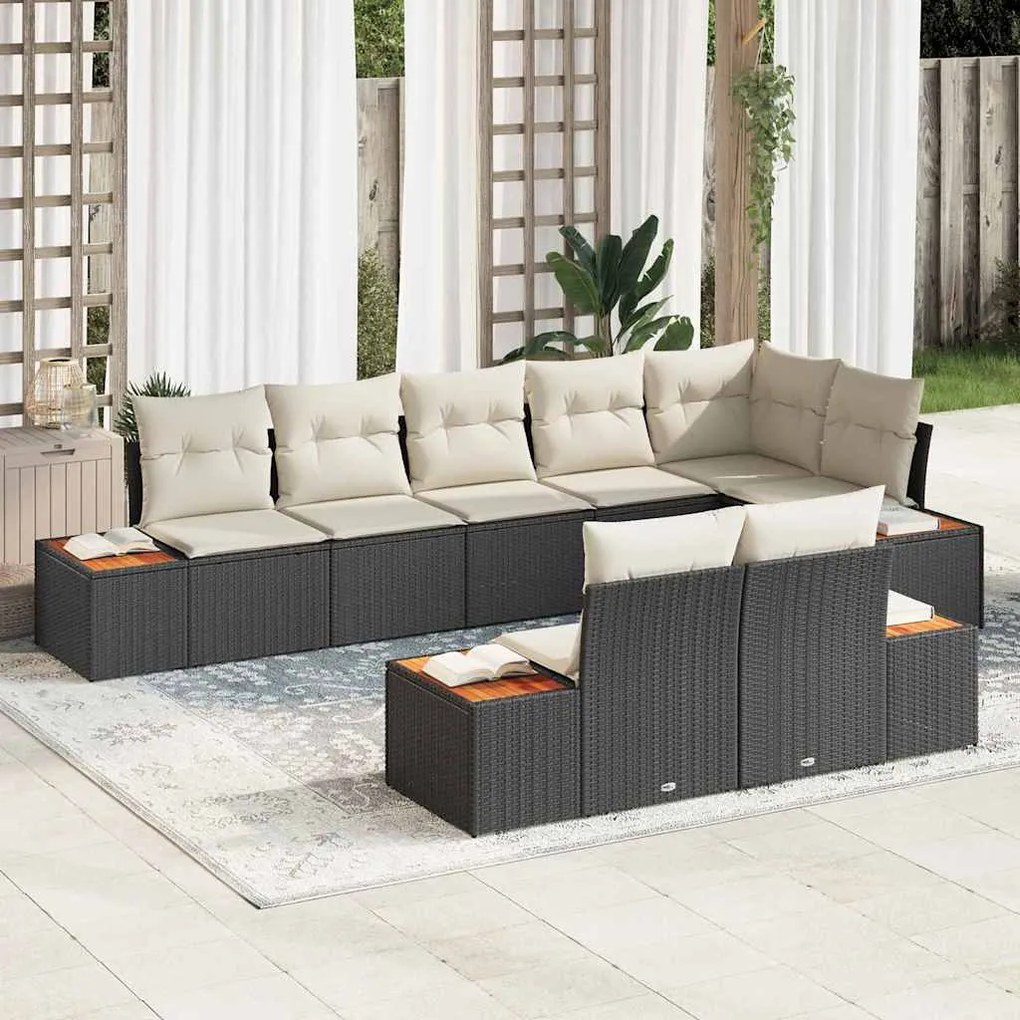 vidaXL Sofá de Jardim com 8 Peças e Almofadas de Rattan Sintético Preto e Acácia.