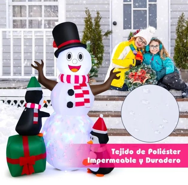 Boneco de neve insuflável de 180 cm com pinguins Decoração de Natal de inverno com luzes LED brancas brilhantes e coloridas para o jardim