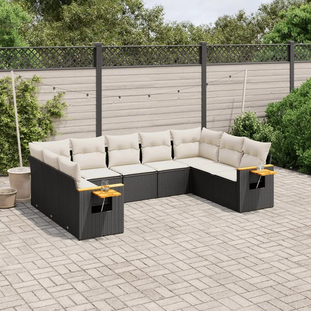 vidaXL 9 pcs conjunto de sofás p/ jardim c/ almofadões vime PE preto