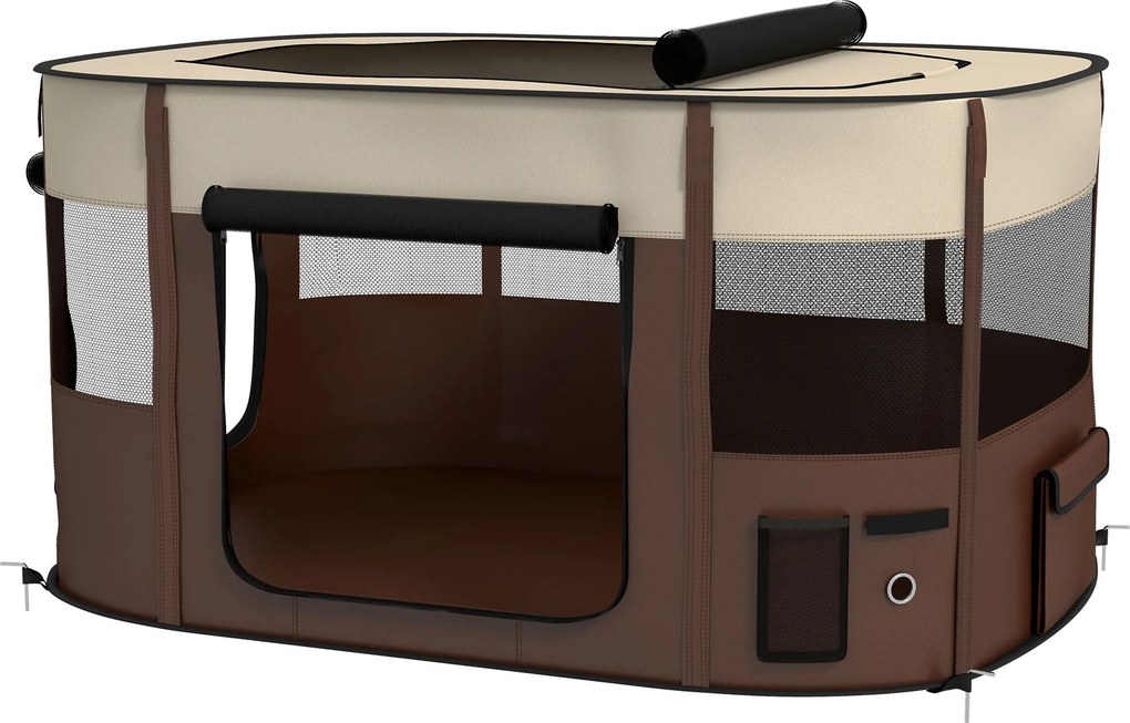 Parque dobrável para animais de estimação 114 x 89 x 59 cm, parque para cachorros em tecido Oxford com janelas e portas, saco de arrumação castanho