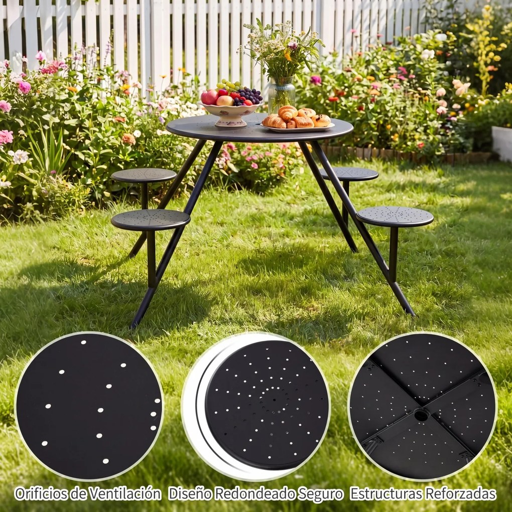 Conjunto de Mesa de Piquenique Redonda e 4 Cadeiras, 168 x 73 cm, Estrutura Metálica Resistente às Intempéries, Preto