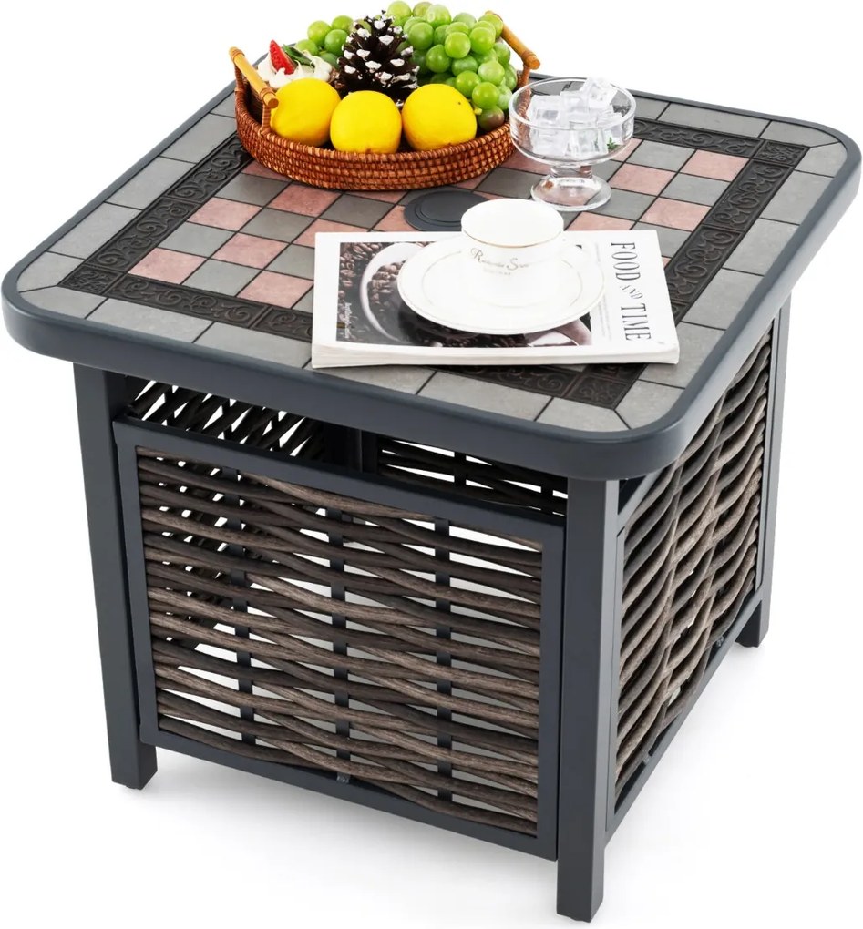 Mesa jardim de rattan PE com tampo de resina Estrutura metálica com furo para guarda-sol 55 x 55 x 50 cm Preto e Castanho
