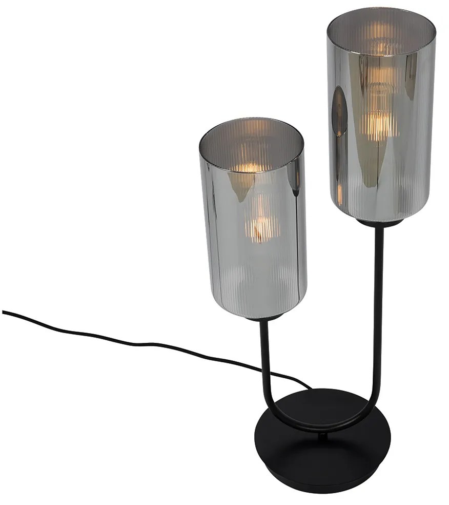 Candeeiro de mesa Art Deco preto com vidro fumê 2 luzes - Laura Art Deco