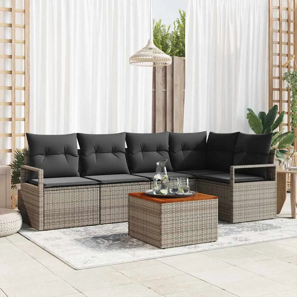 vidaXL Conjunto de Sofá de Jardim com 6 Peças e Almofadas Cinza em Rattan de Polietileno e Madeira de Acácia