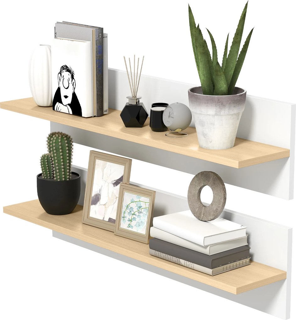 Conjunto de 2 prateleiras de parede de 80 cm, prateleiras suspensas para a sala de estar, hall de entrada, quarto e cozinha, em branco e madeira natur