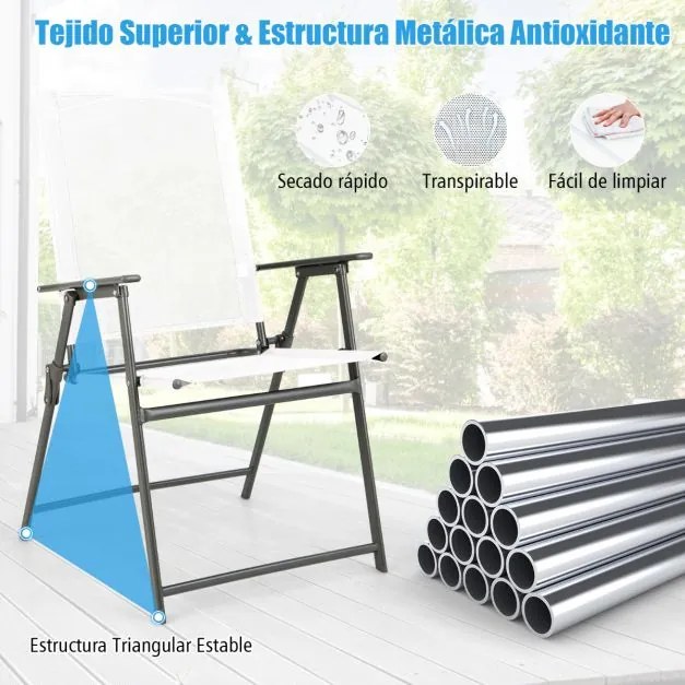 Conjunto de 4 cadeiras de jardim dobráveis com encosto alto Cadeira de jardim exterior portátil em metal de tecido resistente Brancas