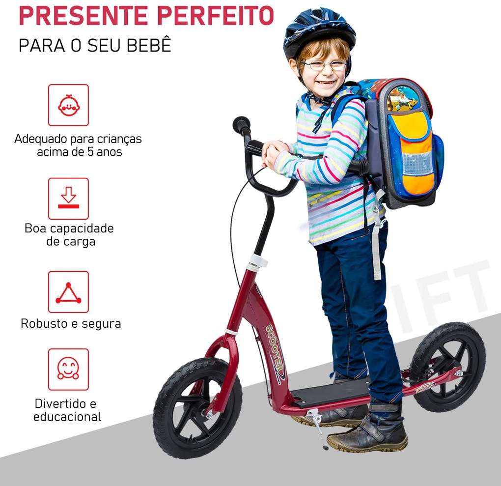 HOMCOM Trotinete com 2 Rodas de 12 Polegadas Trotinete para Crianças com Guiador Ajustável Freio e Cavalete Carga Máxima 100kg 120x52x80-88cm Vermelho