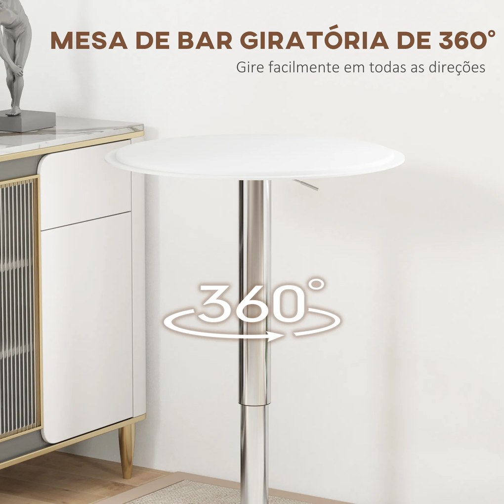Mesa de Bar com Altura Ajustável Giratória 360° com Base Redonda Mesa Alta Moderna para Cozinha Ø63x67-93 cm Branco