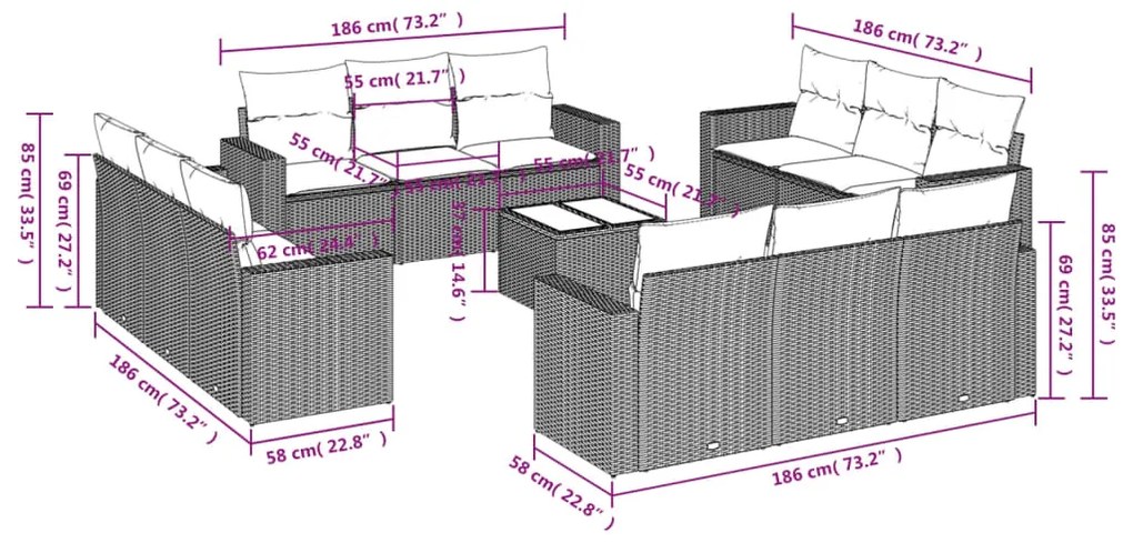 13 pcs conjunto de sofás p/ jardim com almofadões vime PE bege