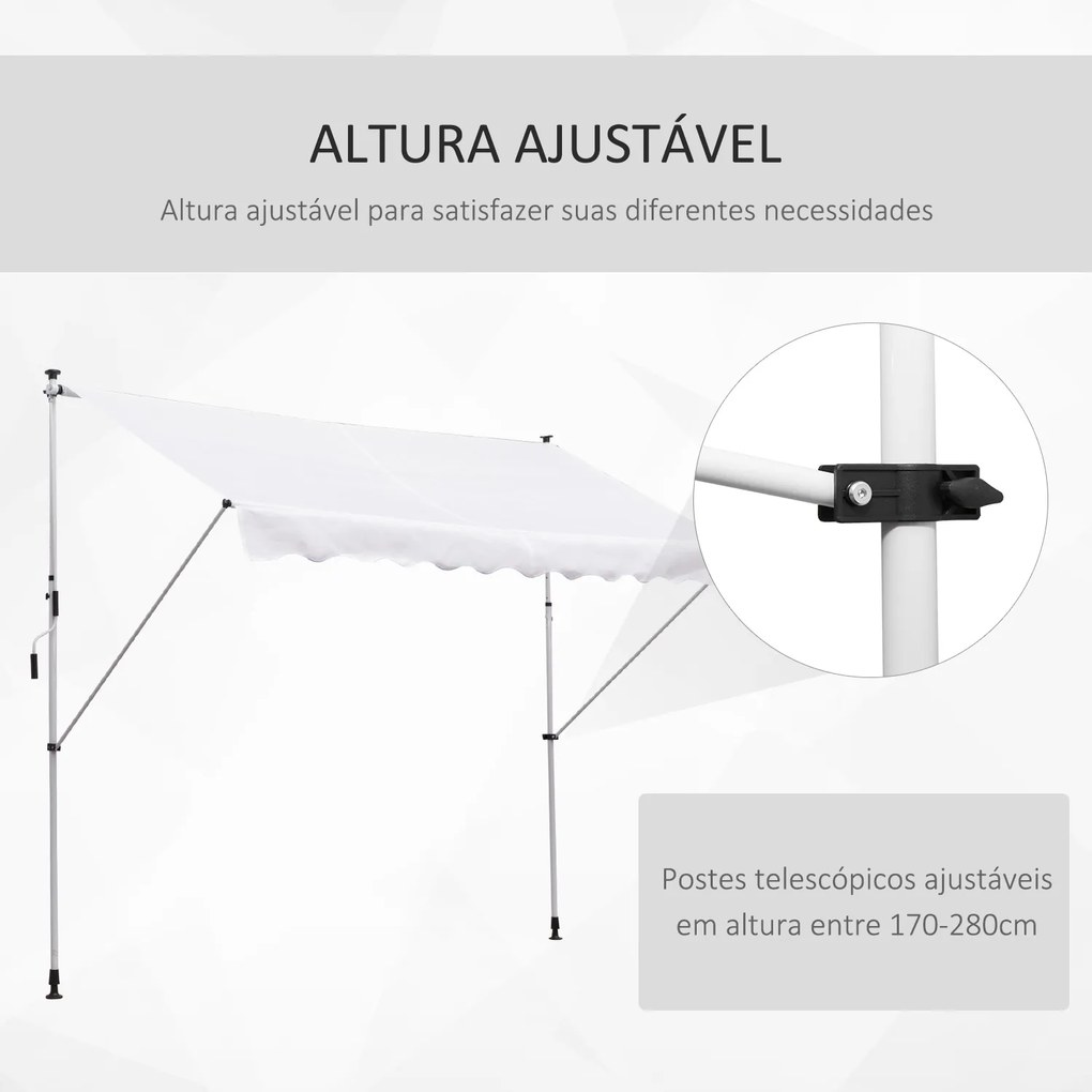 Toldo Manual Retrátil para Exterior 300x150x170-280cm Toldo Enrolável Altura Ajustável com Manivela Proteção Solar para Terraço Balcão Jardim Branco