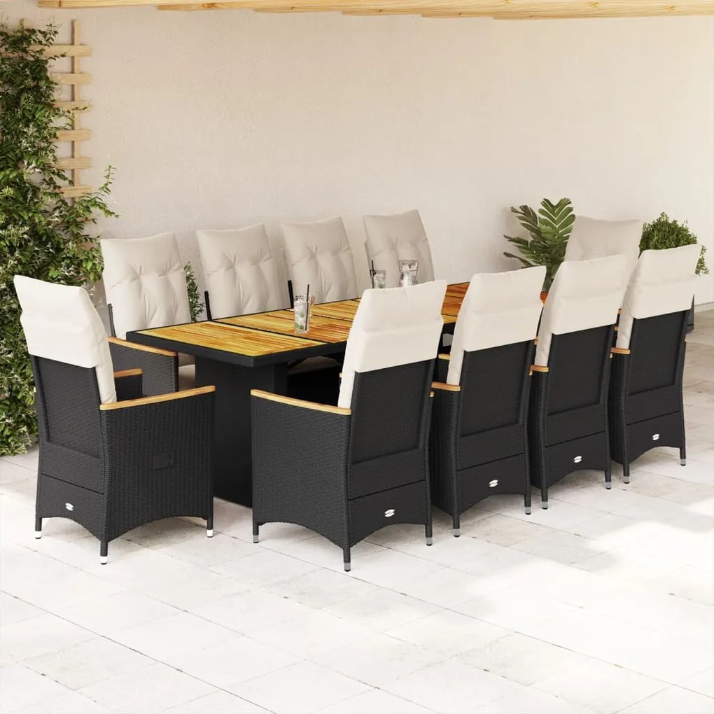 vidaXL 11 pcs conjunto de bistrô p/ jardim c/ almofadões vime PE preto