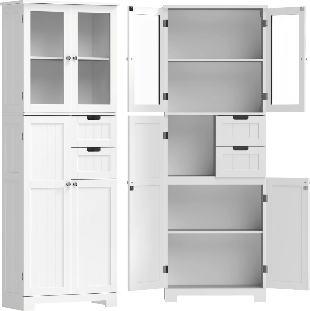 HOMCOM Móvel alto de armazenamento, armário com portas vitradas e prateleiras ajustáveis para banheiro, cozinha, sala, branco | Aosom Portugal