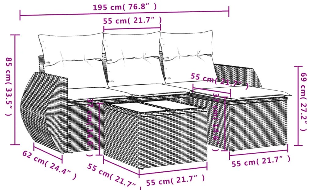 5 pcs conjunto de sofás p/ jardim com almofadões vime PE bege