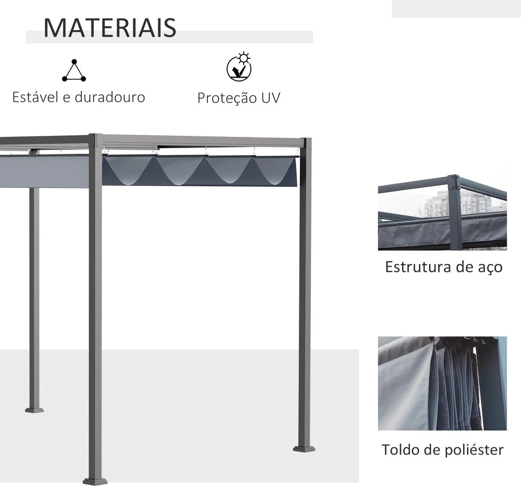 Pérgola 400x300x222 cm Pérgola de Jardim com Teto Retrátil de Poliéster com Revestimento para Celebrações Festas Casamento Cinza