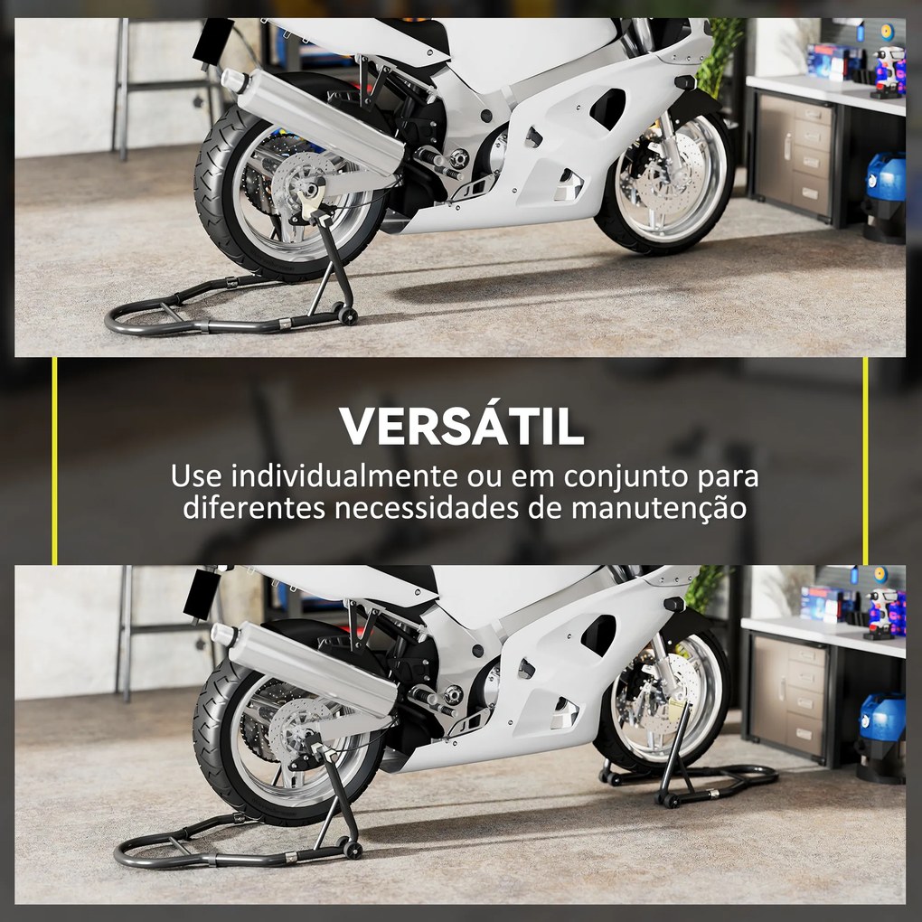 Cavalete de Moto Carga de 390 kg Suporte Dianteiro e Traseiro Universal Elevador de Moto em Aço com Rodas Preto