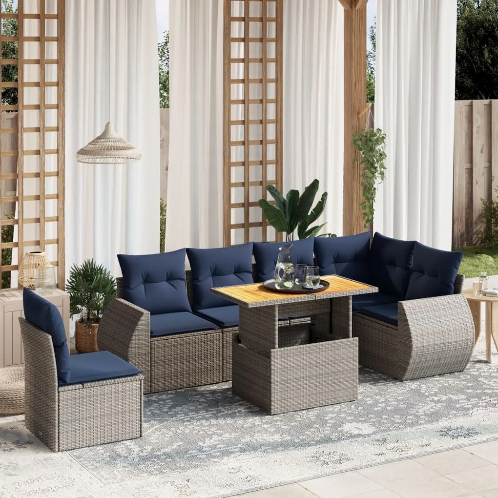 vidaXL 7 pcs conjunto sofás p/ jardim c/ almofadões vime PE cinzento
