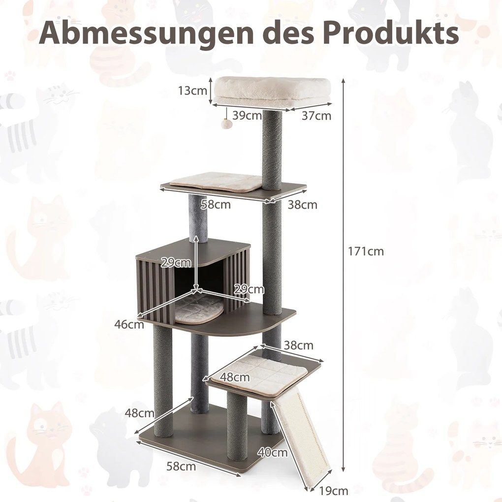 Arranhador para gatos de 171 cm com caverna cinzento