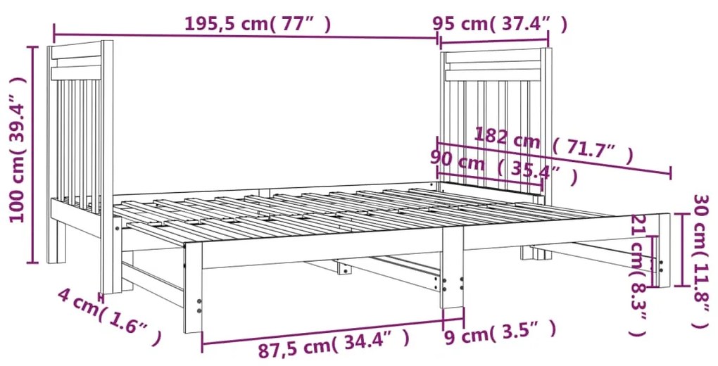 Estrutura sofá-cama de puxar 2x(90x190) cm pinho maciço