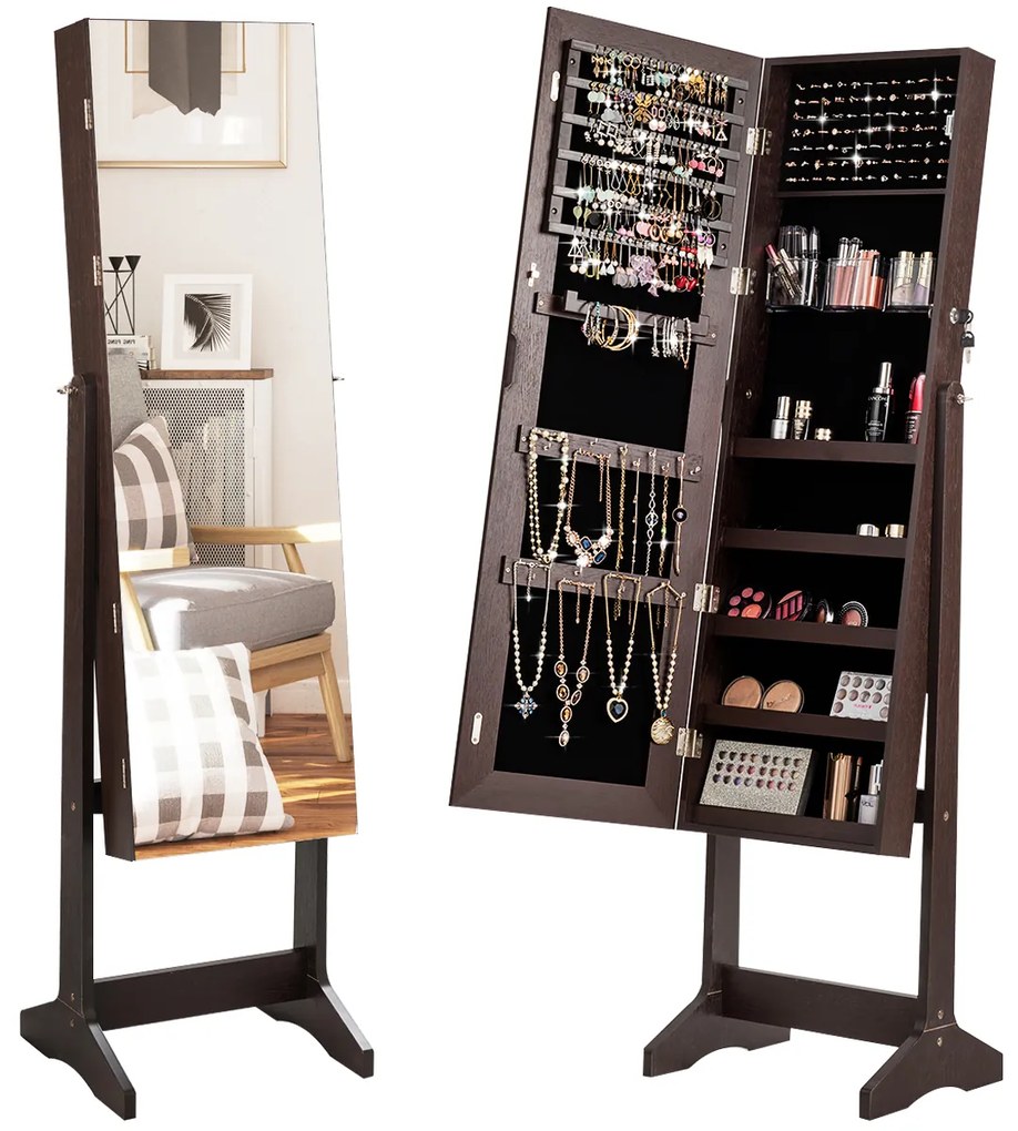Espelho Armário Guarda Joias com Espelho de Corpo Completo 2 em 1 Organizador de Armazenamento de Jóias 3 Ângulos Ajustáveis 41 x 36 x 156 cm Castanho