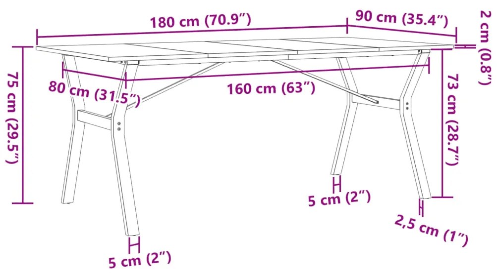 Mesa de jantar estrutura em Y 180x90x75cm pinho e ferro fundido