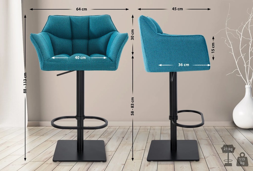 Banco de bar Damaso em tecido e com estrutura preta 64 x 88-113 x 45 cm Azul turquesa