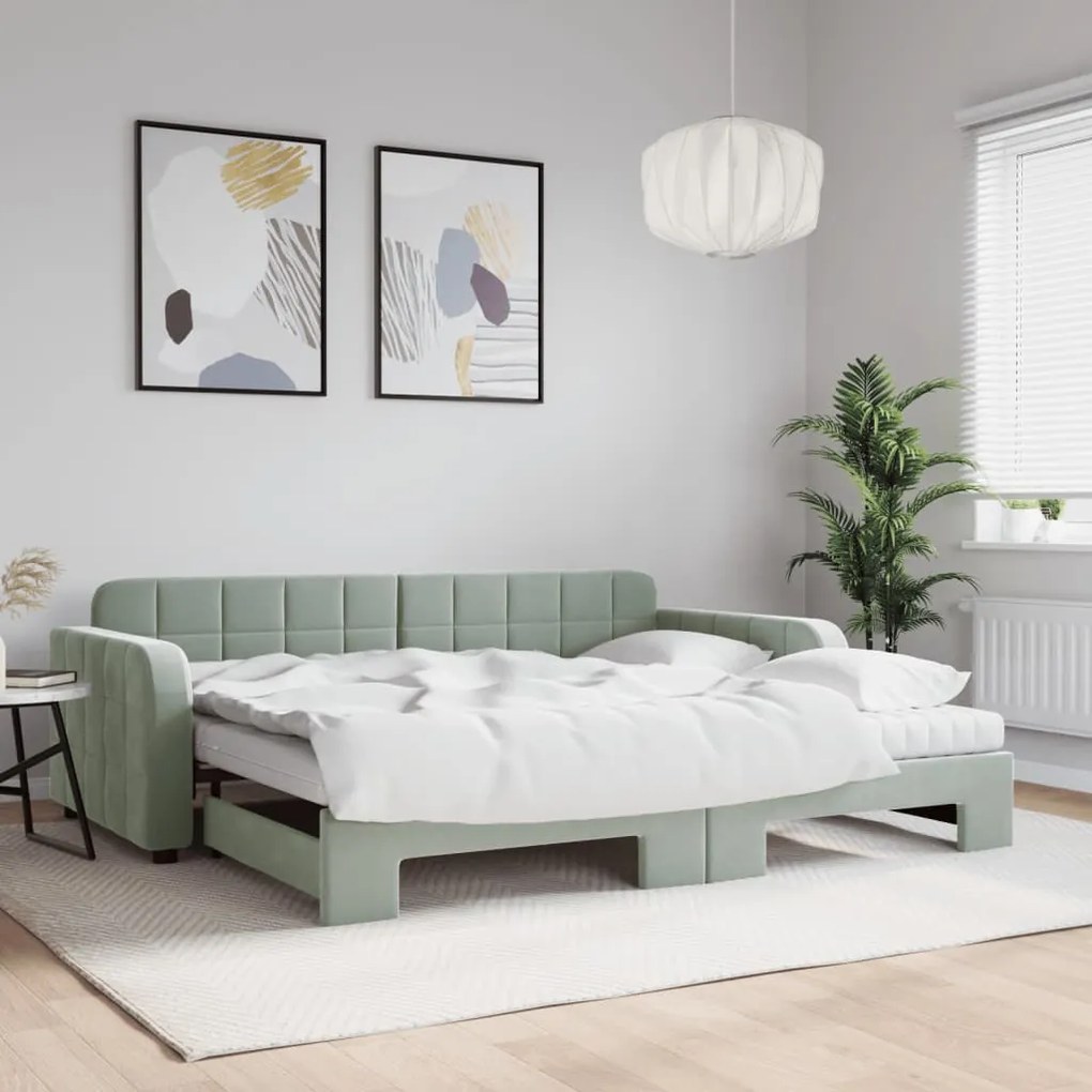Sofá-cama c/ gavetão e colchões 90x200 cm veludo cinzento-claro