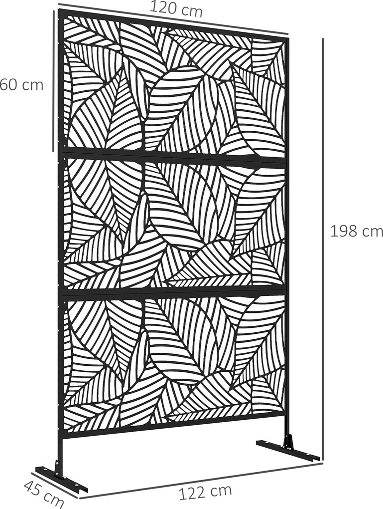 Biombo de 3 Painéis 122x198 cm Biombo Separador de Ambientes com Suporte Design de Folhas Grandes Preto