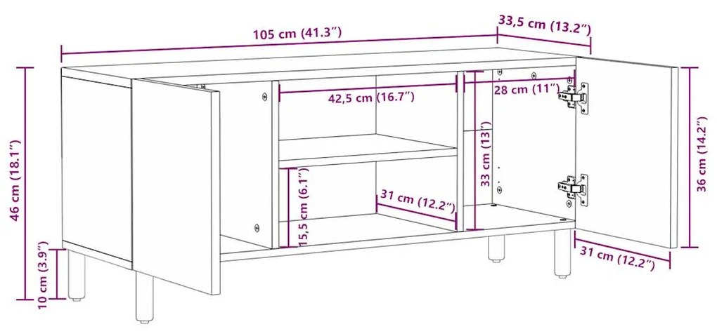 Móvel de TV 105x33,5x46cm madeira mangueira áspera maciça preto