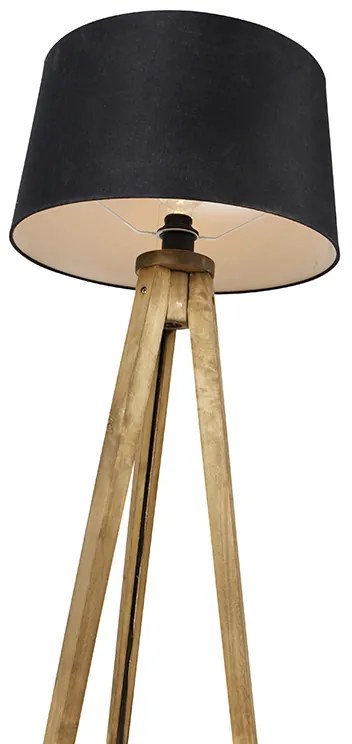 Candeeiro de pé rústico vintage em madeira com abajur de linho preto 45 cm - Tripod Classic