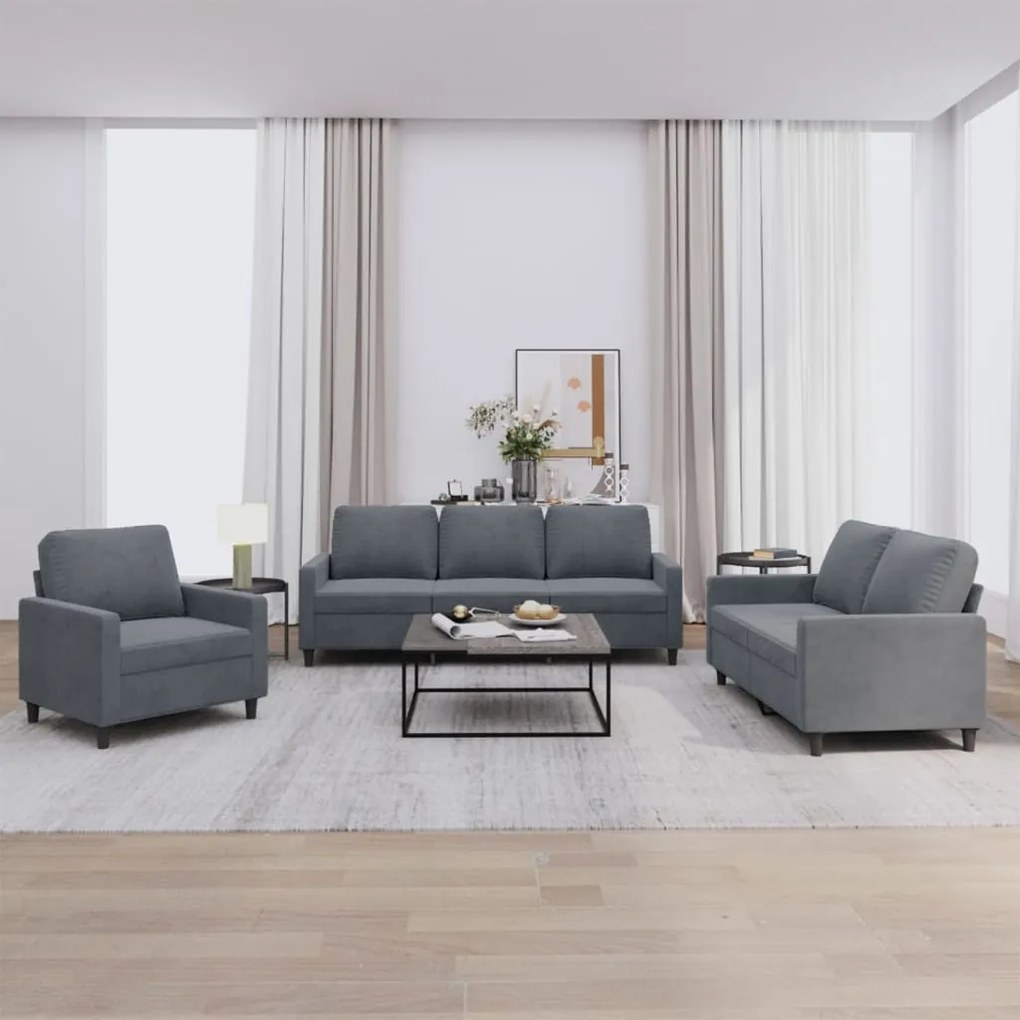 vidaXL 3 pcs conjunto de sofás com almofadões veludo cinzento-escuro
