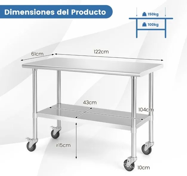 Mesa de Trabalho com Rodas para Cozinha Carrinho de Serviço em Aço Inoxidável 2 Prateleiras Carga 250 kg para Restaurante 122 x 61 x 90 cm
