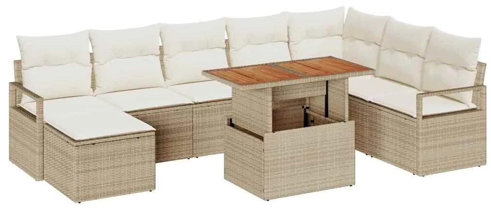 Conjunto de Sofá de Jardim 9 Peças com Almofadas Bege em Rattan Poliés