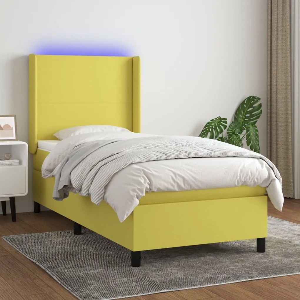 vidaXL Cama box spring c/ colchão e LED 100x200 cm tecido verde