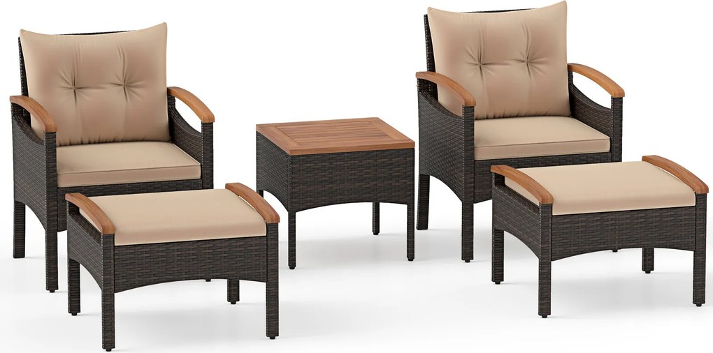 Conjunto jardim de 5 peças de vime para jardim, com 2 poltronas, 2 pufes, mesa auxiliar, almofadas e tampo em madeira de acácia Castanho misturado e a
