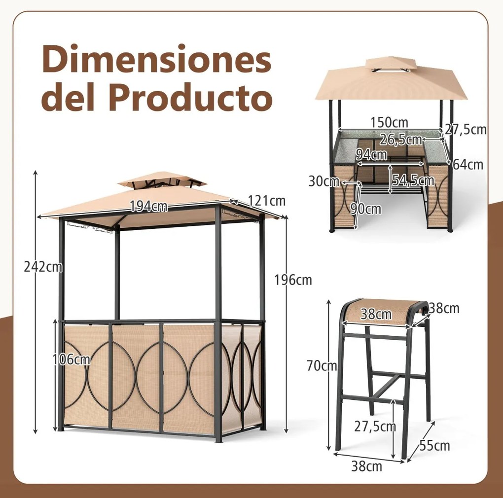 Conjunto de Pérgula para Churrasqueira ou bar 194 x 121 x 242 cm com 2 Bancos Estante Metálica de 2 Níveis com Teto Duplo Castanho