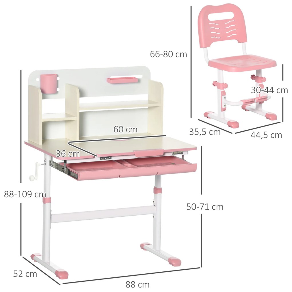 Conjunto de Secretária e Cadeira para Crianças acima de 3 Anos com Altura Ajustável Secretária Infantil com Bancada Inclinável Gaveta e Prateleira par