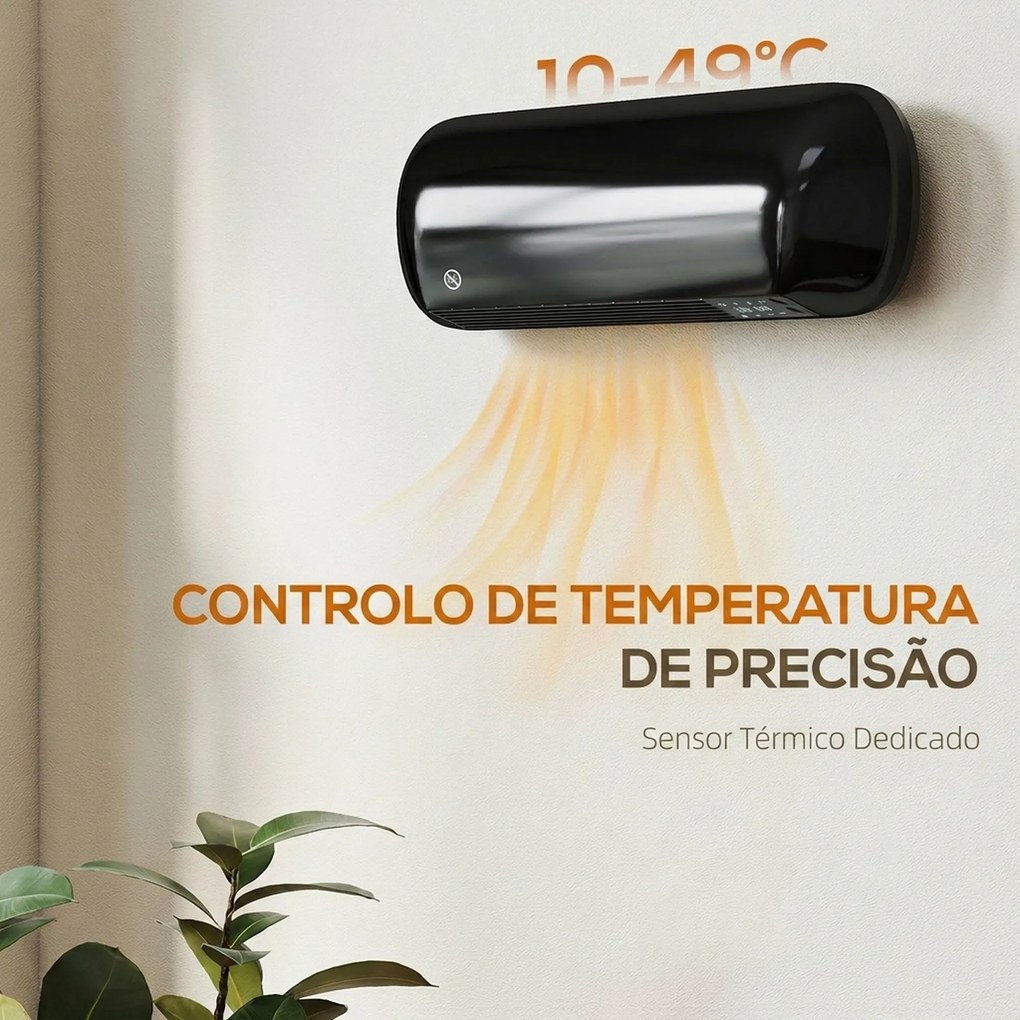 Aquecedor Elétrico de Parede 2000 W com 3 Modos Ecrã LED Termóstato Temporizador e Oscilação Preto