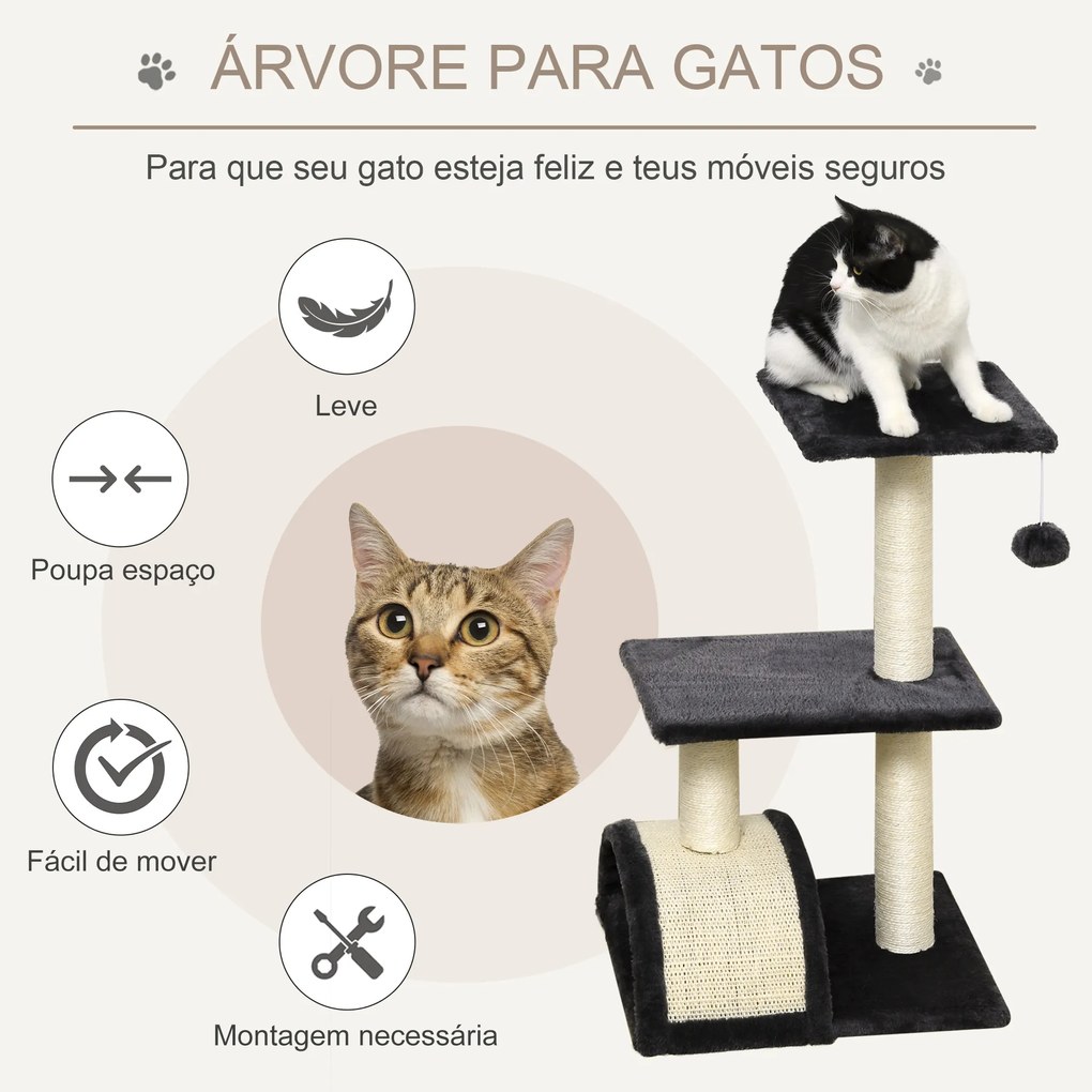 Arranhador para Gatos Médio de 3 Níveis  com Postes de Sisal Placa para Arranhar e Bola Suspensa 40x35x72 cm Cinzento Escuro
